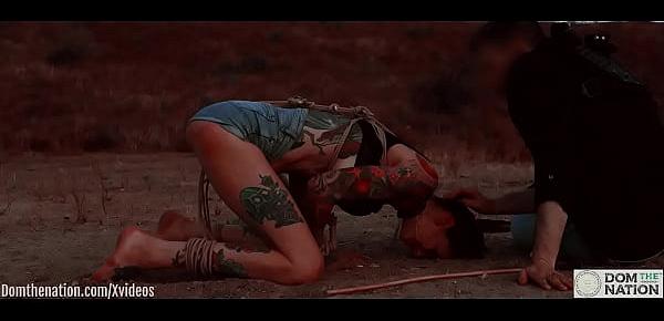  Ass eating bondage slave cries while her feet get caned outdoors in the dirt - Rocky Emerson